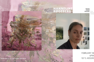 A collage. On the right is an individual with their hair pulled back. They are wearing a black suit jacket and are standing in a gallery space. To the left is an abstract painting of pinks and various earthy colors.